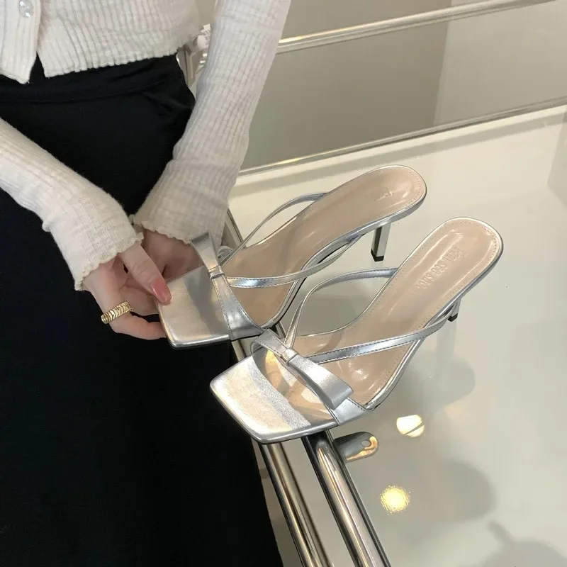 Sandali con tacco gatto francese stile fata, linea retta estiva con fiocco, punta quadrata, tacchi sottili, eleganti pantofole con tacco alto da donna