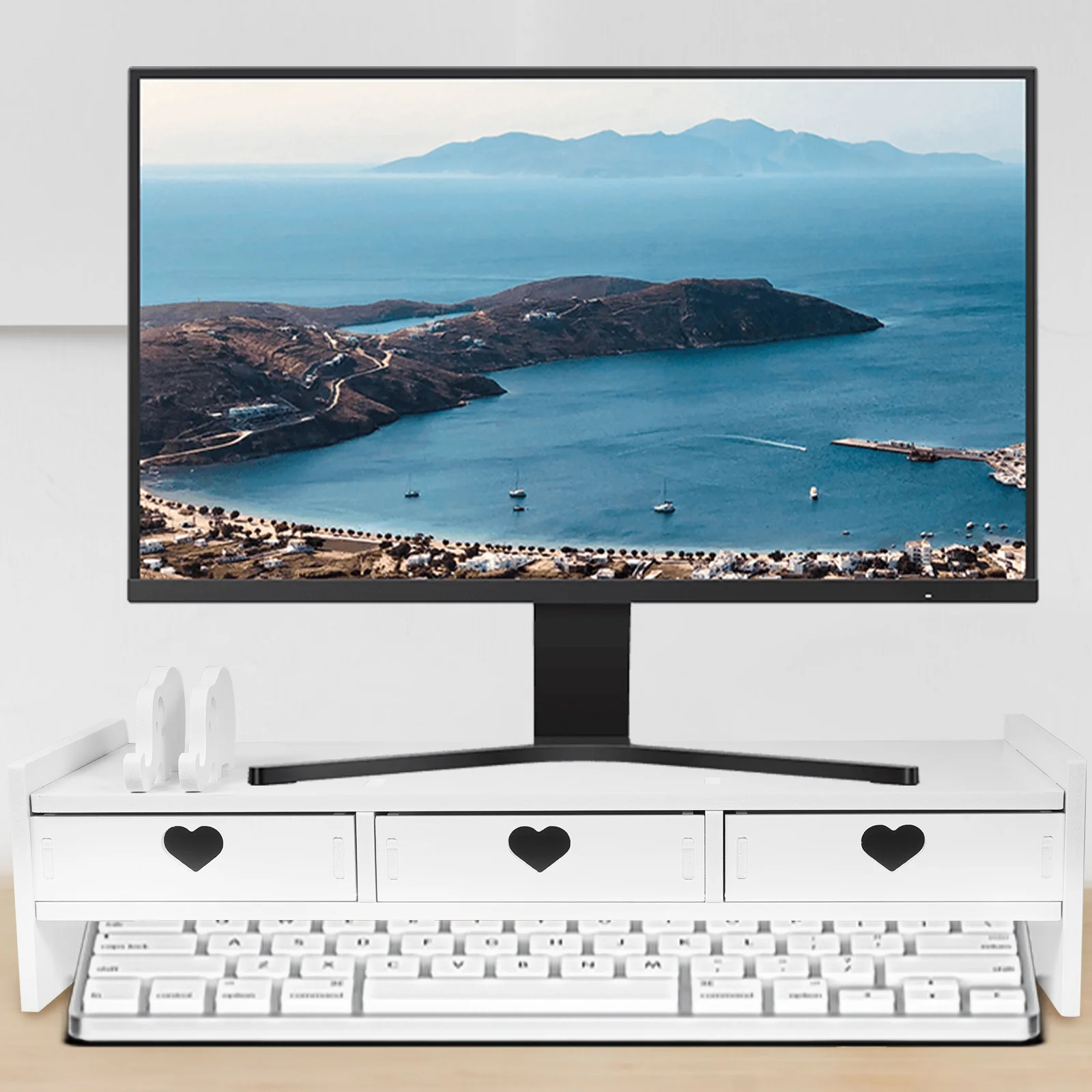 

Sleek Monitor Riser With Storage Drawer Pvc Wood-Plastic Composite For Desk Office Organizer Keyboard Shelf White Desktop Stand