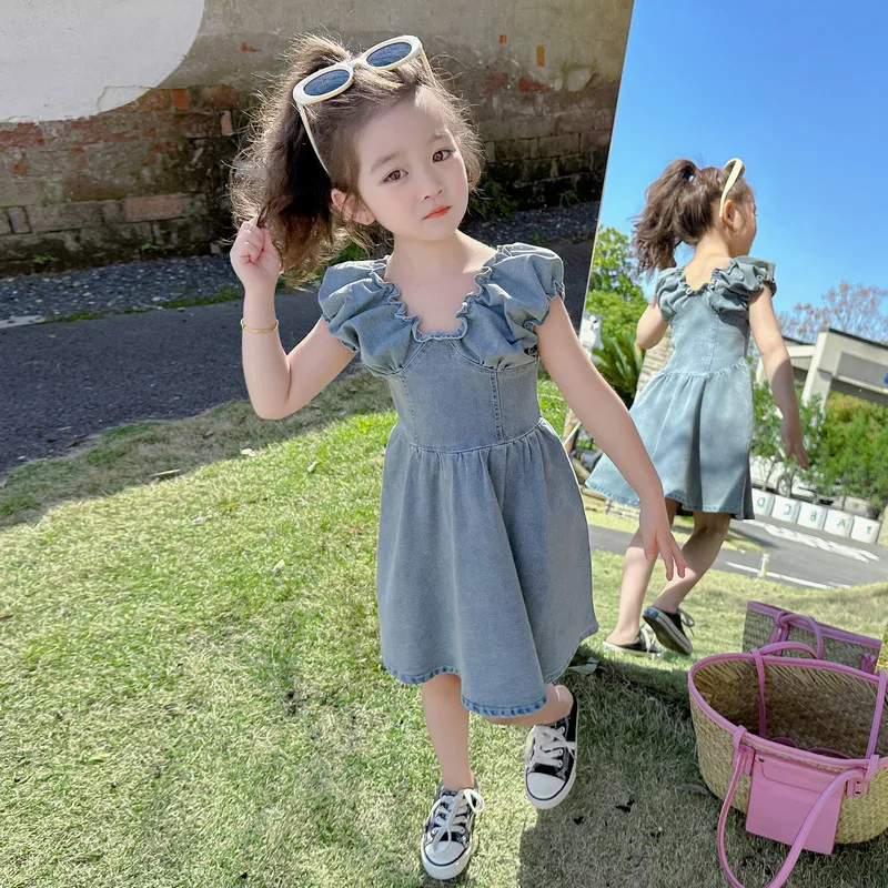 Girls Denim Dress Summer New Girl   Bubble Sleeve Wooden Ear Edge Solid Color Dress