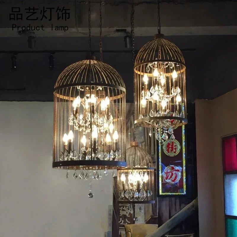 Retro Crystal Chandelier Bird Cage Rope Cable Pendant Light Rusty/Black 35/50/60cm Creative Lamp for Hotel Restaurant Bar Club
