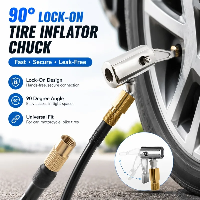 

Portable Car Tire Inflator Air Suction Valve Connector Solid Brass Clip-on Adapter Durable Metal Structure Sealed Connection