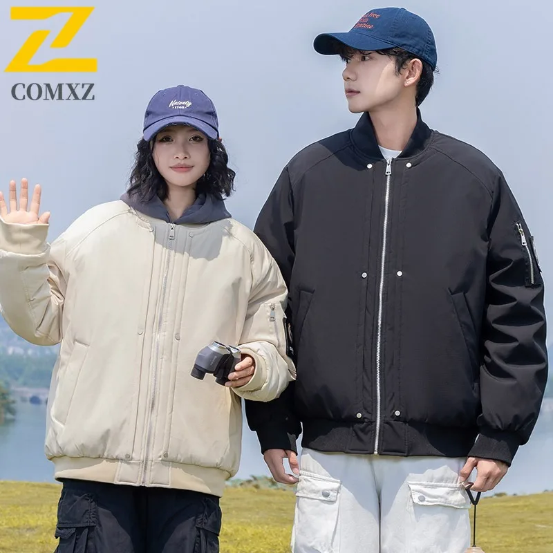 COMXZ الرجال شتاء جديد كبير الحجم أسفل سترة زوجين البيسبول نمط جديد المعايير الوطنية 85% الأبيض بطة أسفل مقنعين بدلة الطيران