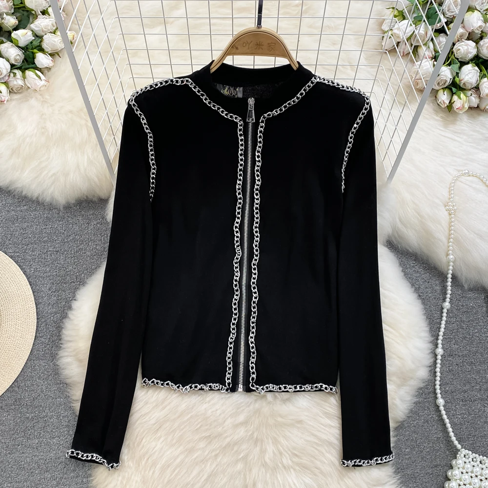 

Korean Style Retro Female Jackets Chic Stand Collar Chains Long Sleeve Slim Zipper Blouse Fashionable Elegant Women Spring Coats
