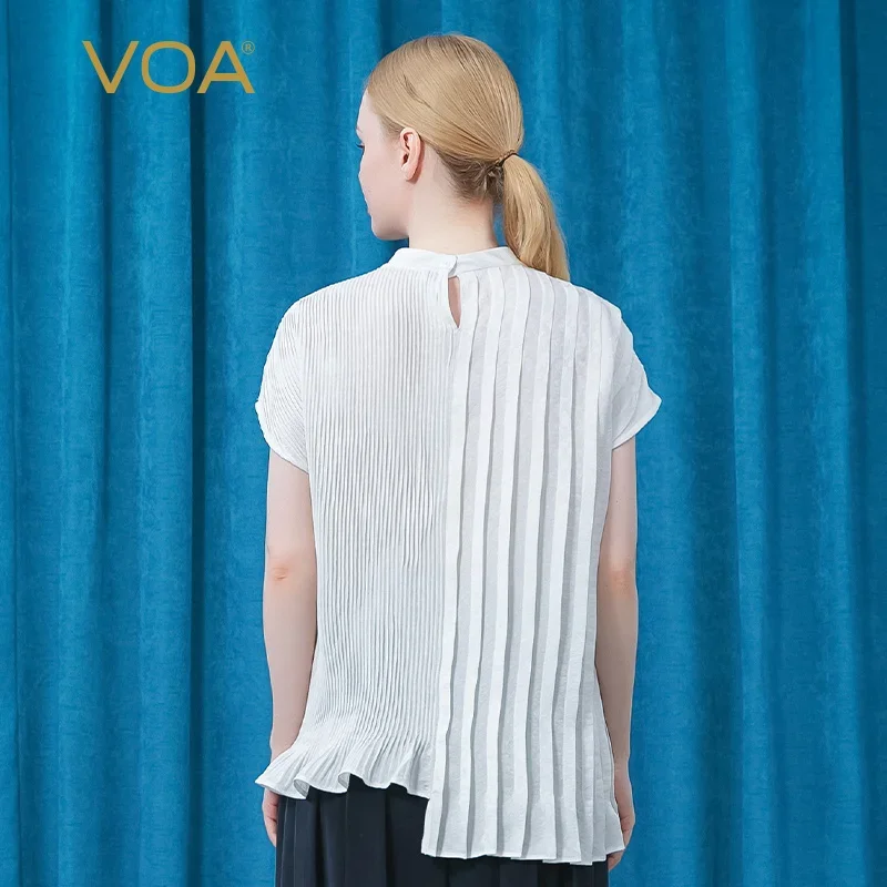 VOA Silk Tees Jacquard Ivory White Round Neck Tops BE625 Shoulder Short Sleeve Asymmetric Fold One Button Straight Loose T-shirt