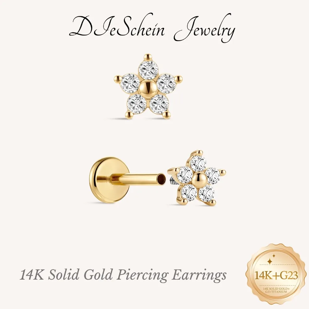 DIeSchein 14K Solid Gold Piercing Earrings for Women Genuine 14k Gold Flat Back Stud Earrings for Helix Tragus Daith Piercings