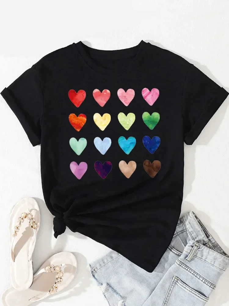 Fashion Women T Shirt Pink Heart Print T Shirt Round Neck Tops Female Short Sleeve Tee Shirt Women Tops Clothing Streetwear