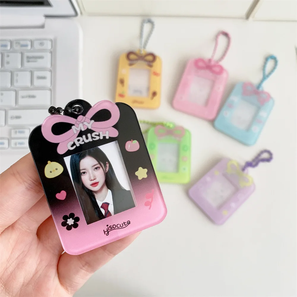 Kawaii Bow Kpop Idol Photo Card Protect Frame For 1inch Mini Photocard Holder Keychain Mini Lovers Souvenir Pendant