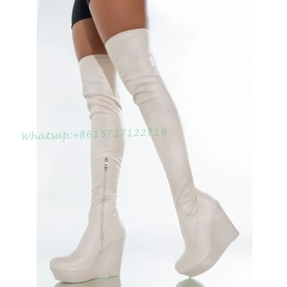 

Сапоги выше колена на танкетке, шикарные белые кожаные эластичные длинные сапоги с круглым носком на тонком каблуке, модные женские весенние сапоги 2022, весенние сапоги