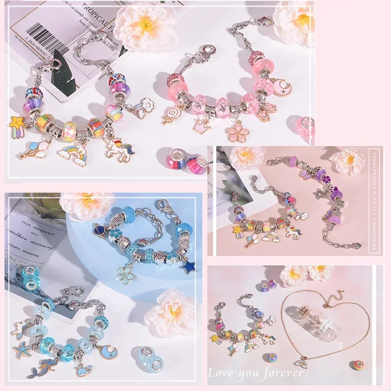 DIY anak Kit gelang kalung perhiasan manik-manik Set mainan untuk anak perempuan seni kecantikan anak Puzzle kreatif mode kerajinan boneka putri