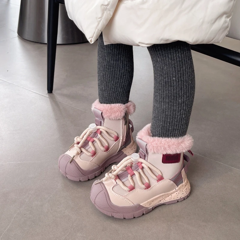 

Children's Snow Boots 3-18 Years Old Pink Padded Thickened Boys Girls Cotton Shoes Lightweight Non-slip Kids Baby Short Boots
