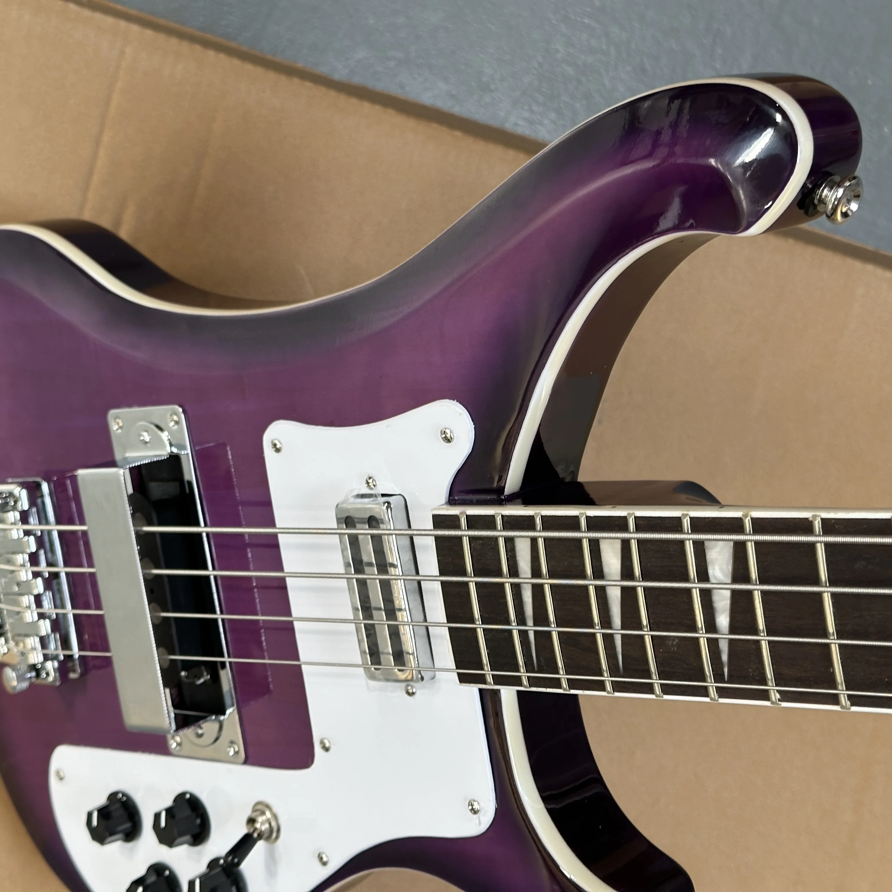 Neck thru body Purple Electric Bass R-brand 4s Chrome Hardware White Pickguard Free Ship