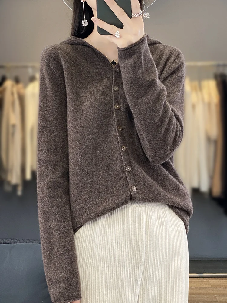 100% Merino Wool Women\'s Cardigan Hoodie Spring Autumn Winter Sweater Korean Style Fashion Cashmere Knitwear Women Clothing