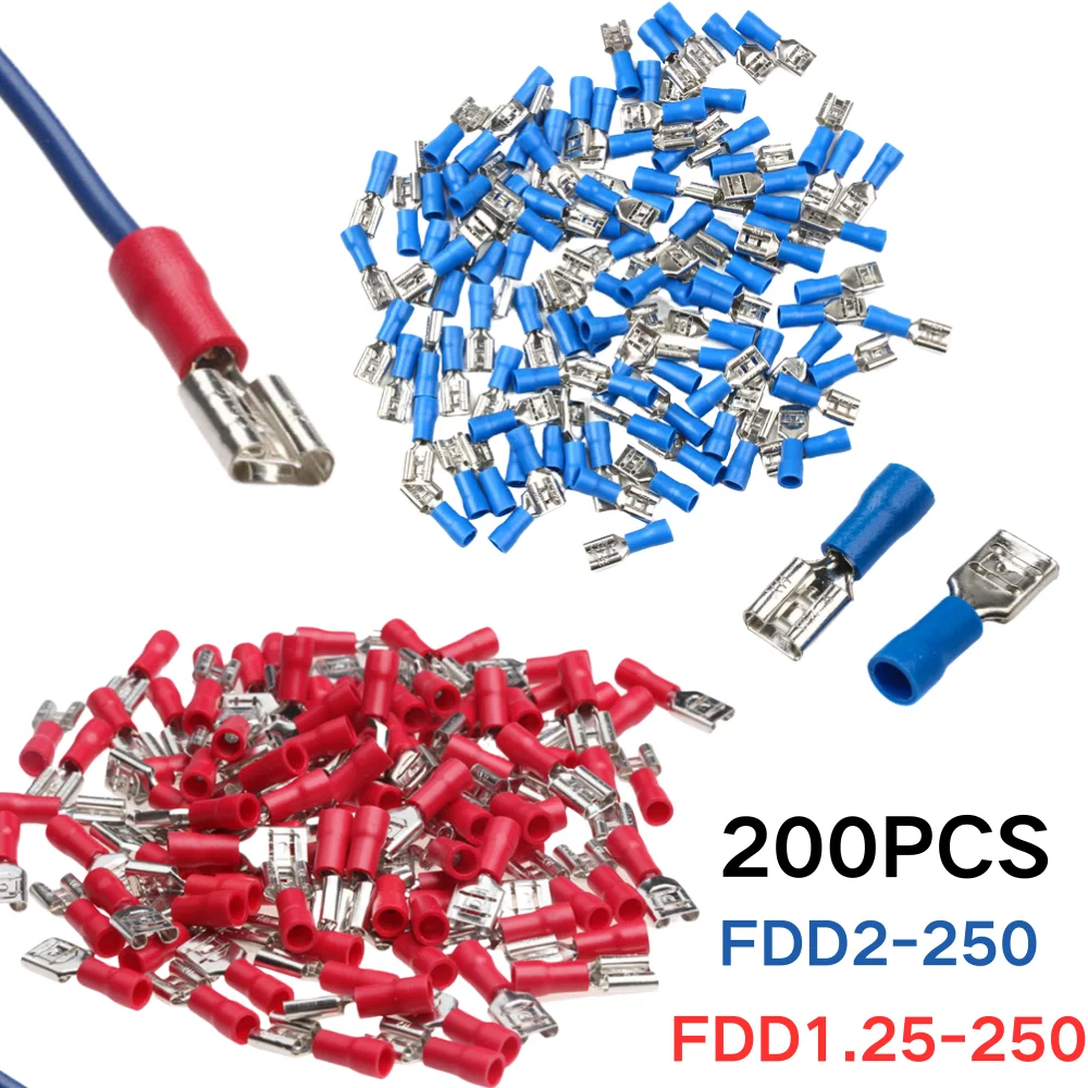 200/100PCS Red + Blue 6.3mm Female Insulated Spade Crimp Terminal Wire Connector For 0.5-2.5mm Electrical Wire Cable Connecors
