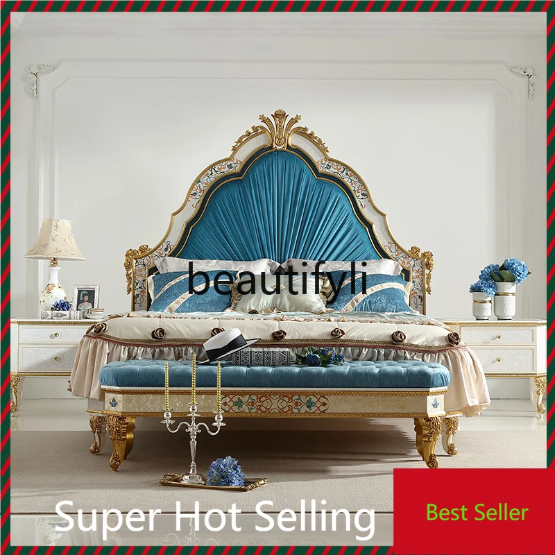

A71 French shell parquet luxury double bed 1.8M fabric solid wood bed high-end