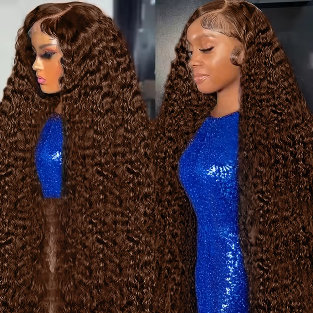 Chocolate Brown Deep Wave 13x6 Lace Front Wig Human Hair 220 Density Curly 4 Colored Transparent 13x4 Lace Frontal Wig For Women