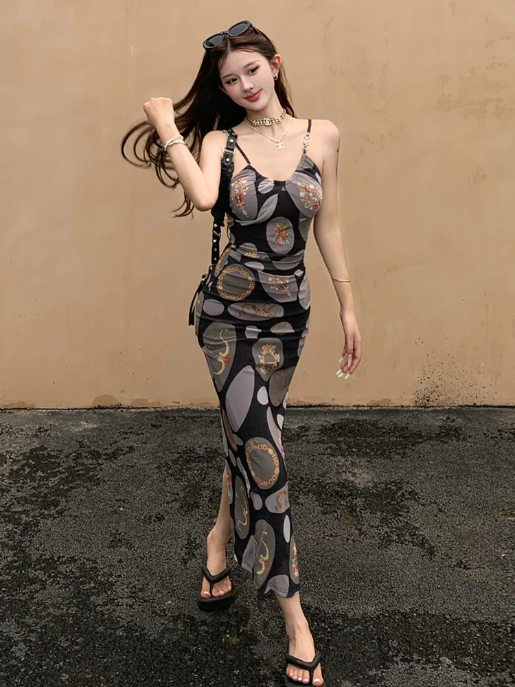 

Ele Retro Print Vaion Sle Strap Dr Sexy Spicy Pleated Hanging Ne Waist Cinching Long Skirt for Women Summer