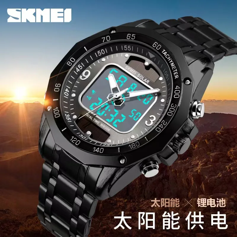 NEW   Fashionable Solar Multifunction Steel Band Men\'s Watch Business Electronics Dual Movement Men\'s Watch