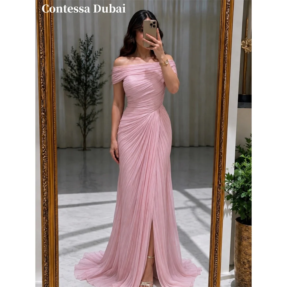 Contessa Custom Dusty Pink Off Shoulder Evening Dress Ruched Pleated Prom Dresses Chiffon Vestidos De Noche Train Formal Evening