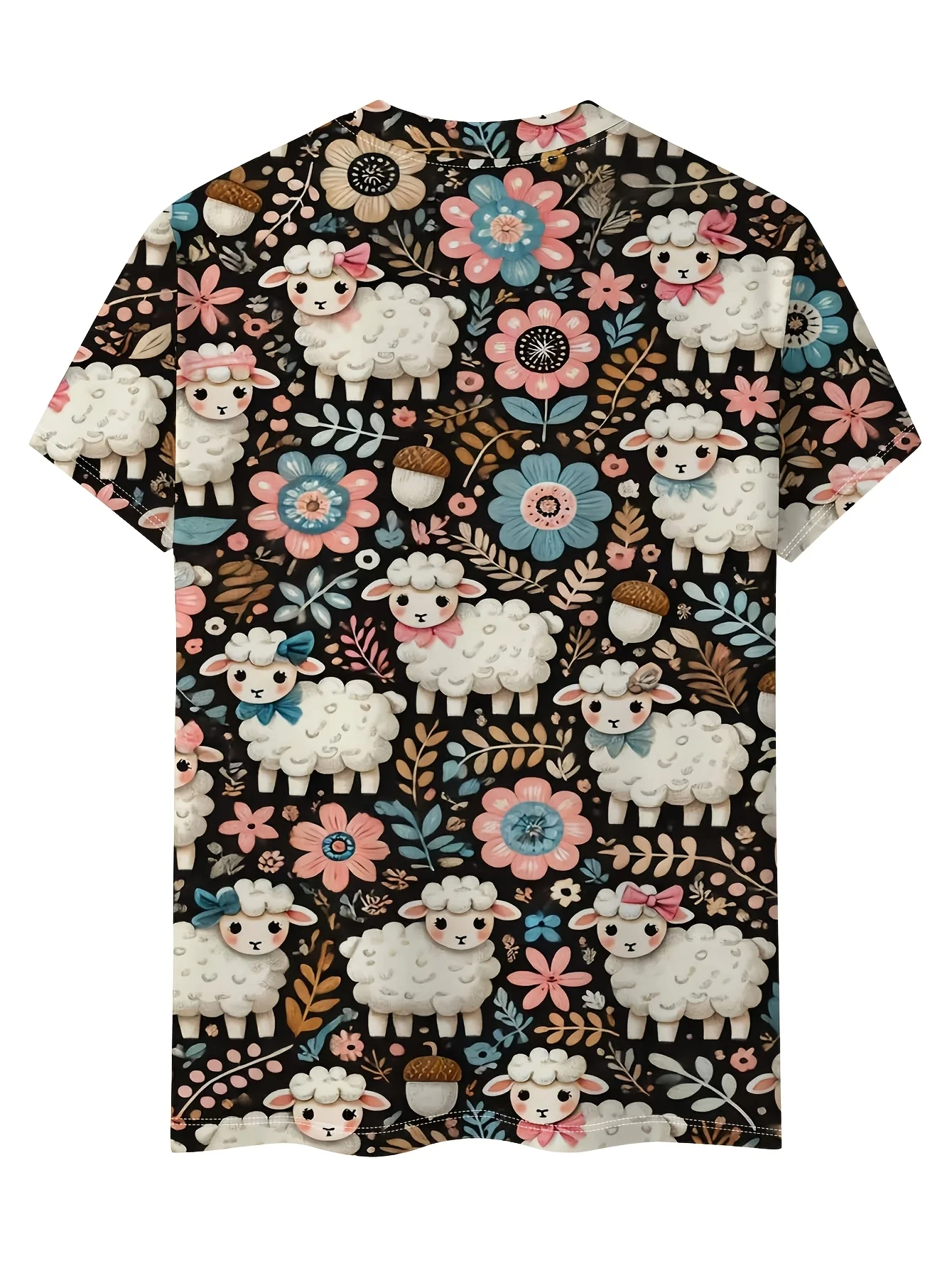 Women T‑shirt Short Sleeve Cute Cartoon Sheep Floral Acorn Botanical Graphic Print O‑neck Casual Daily Summer Fashion Tee Top