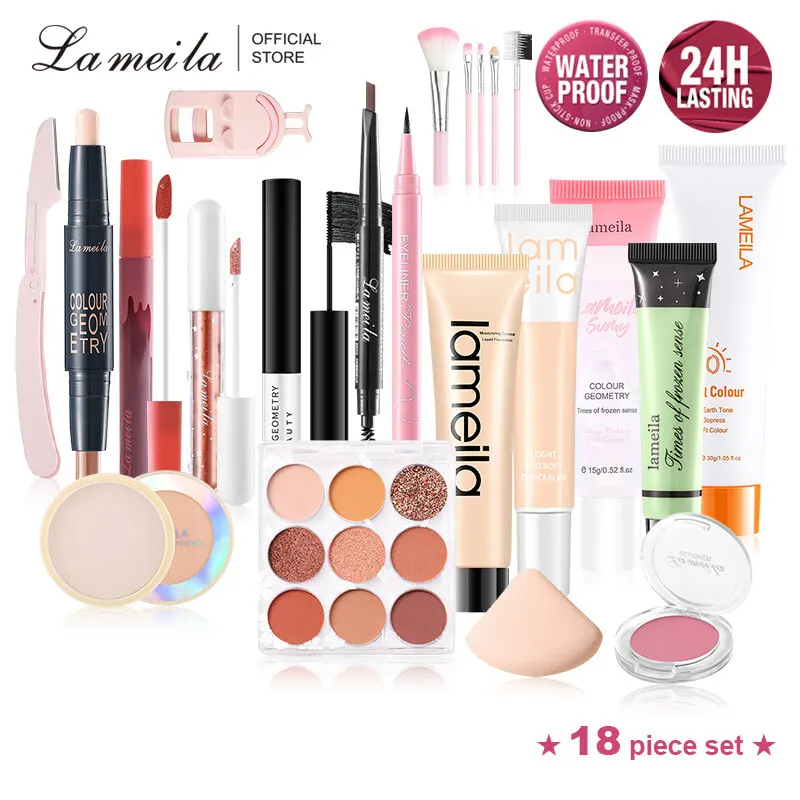 Lameila 18pcs Face Makeup Set Daily Use Base Make Up Mascara Eyebrow Pencil Face Powder Foundation Multipurpose Women's Makeup