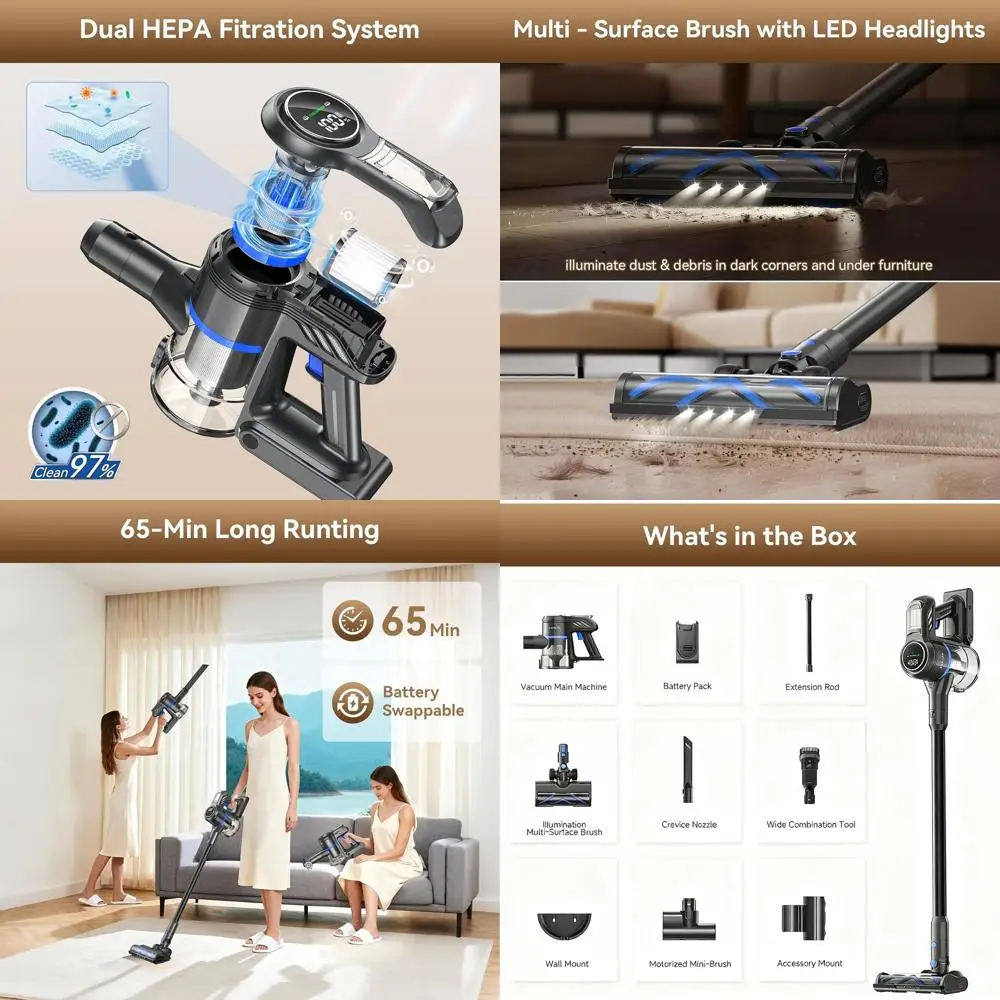 

Беспроводной пылесос мощностью 450 Вт со светодиодной подсветкой, аккумулятор емкостью 65 минут, для универсальной уборки домашних животных и пола, легкая пустая