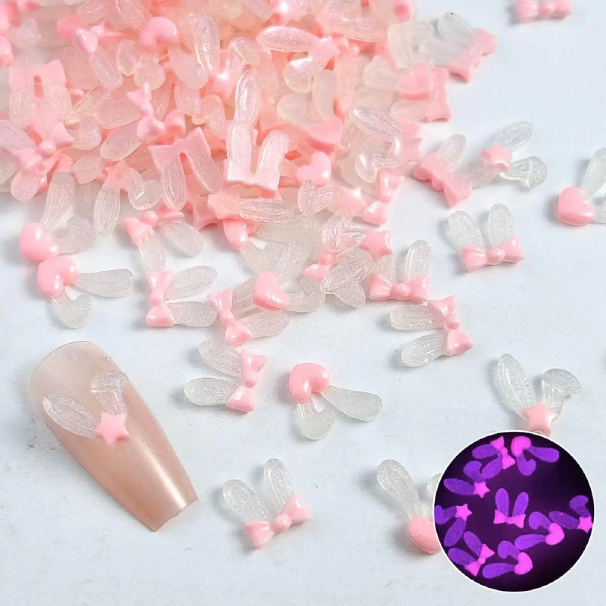 60PCS Pink White Gradient Cartoon Resin Rabbit Ear Nail Charms 3D Kawaii Mini Glow in the night Rabbit Ear Nail Art Decoration