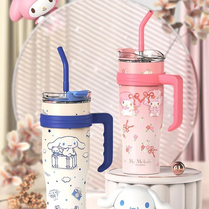كوب ترمس هالو كيتي بسعة عملاقة مع مقبض كرتوني لطيف زجاجة ترمس فتاة أنيمي الطرفية هدية عيد الميلاد هدية عيد ميلاد