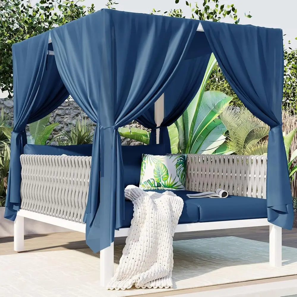 

Blue Bohemian 57.5 Wicker Outdoor Daybed Lounger, Poolside Cabana Seating for Backyard Balcony