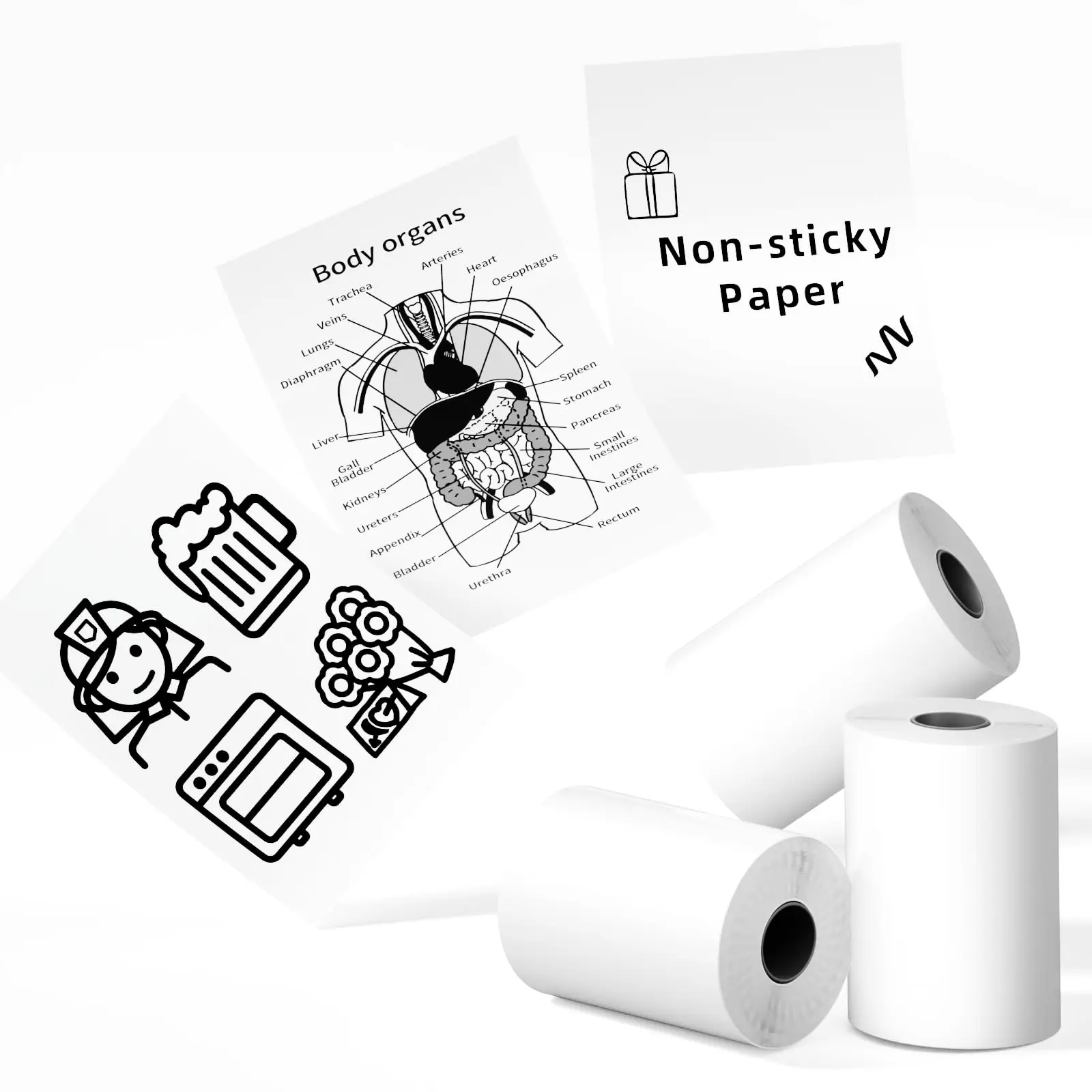 White Paper for M02X/T02 Printer 10 Years Black on White Non-Sticky Paper 53mm x6.5m 3 Rolls for Study Notes, Photo, DIY