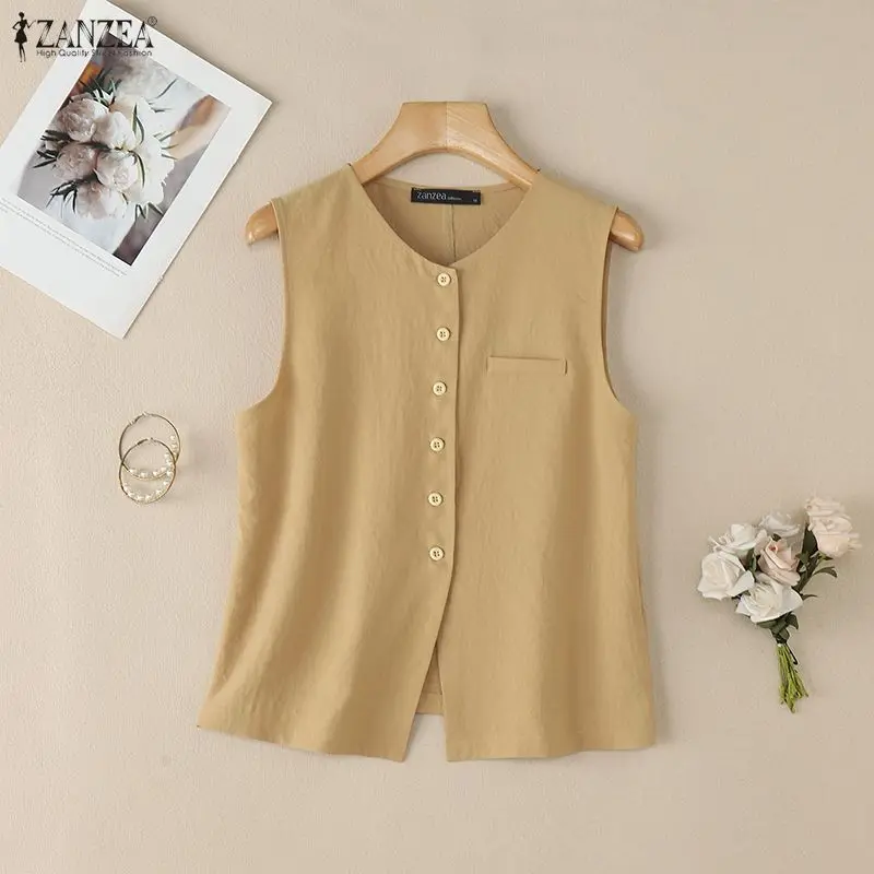 ZANZEA Fashion Women Sleeveless Tanks Tops Solid Color Tees Elegant Office Lady Shirts 2026 Loose Casual Buttons Summer Camis