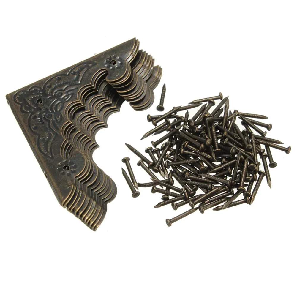 12 Uds. Caja de joyería antigua, pie de esquina, caja de madera, Protector de esquina, patrón de flor en tono bronce, artesanías de Metal tallado 40X40mm