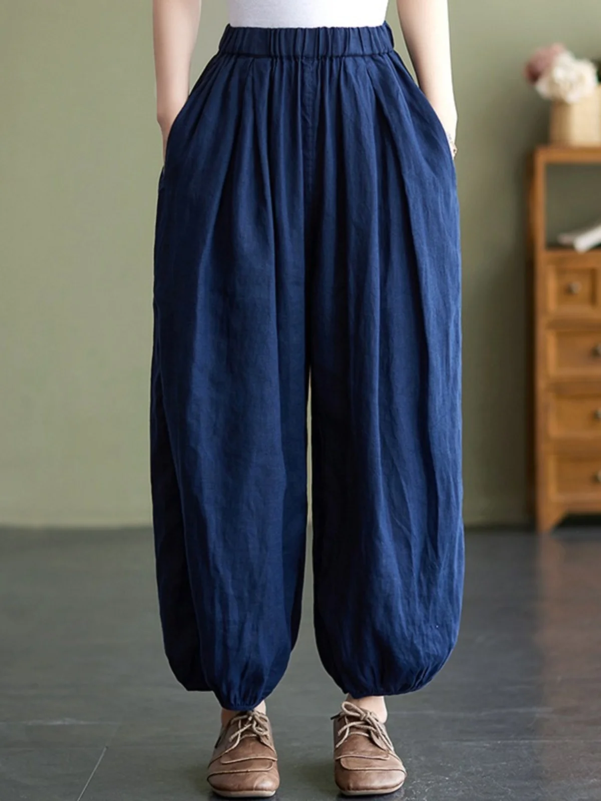 일본식 코튼 린넨 랜턴 바지 여성 솔리드 컬러 루즈 캐주얼 바지 하이 웨이스트 9 포인트 린넨 하렘 바지