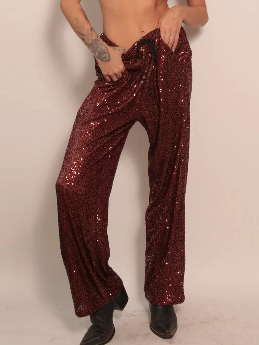 

2024 New Women’s Hip Hop Trousers Streetwear Fashion Glitter Sequin Pants Drawstring High Waist Wide Leg Pants