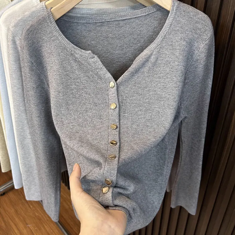Sweter damski dziergany, kardigan, nowy, długi rękaw, okrągły dekolt, biały sweter dziergany, kardigan damski, topy, odzież dziergana, swetry damskie Q1022