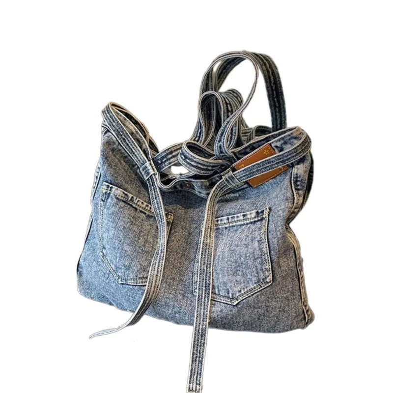 Vintage Letter Embroidered Denims Handbag for Ladies Double Pocket Front Jeans Large Shoulder Bag for Work or Shopping