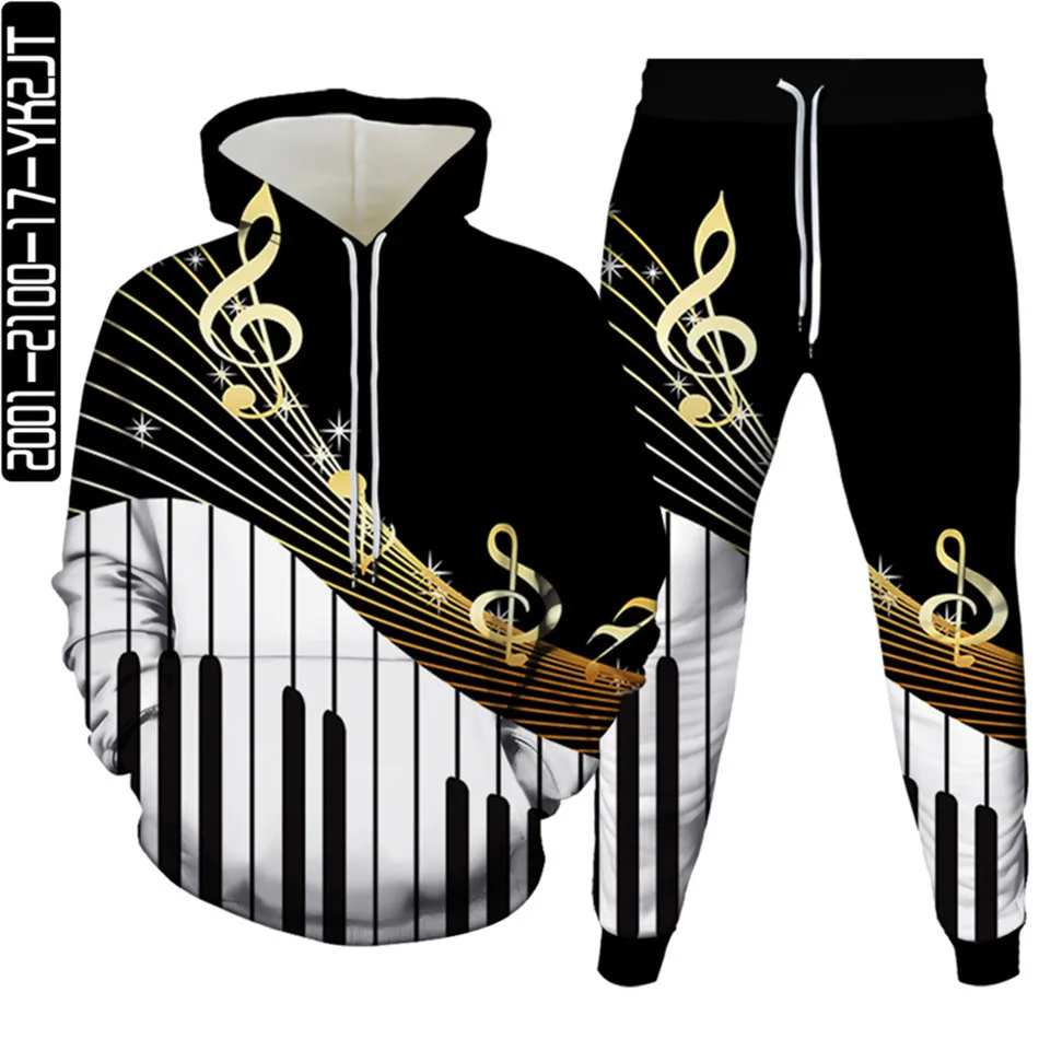 Musical Instrument Note Violin Headset Microphone Print 2Pc Suit Hoodies Trousers Sets Men Plus Size S-6XL Tracksuit Cloth