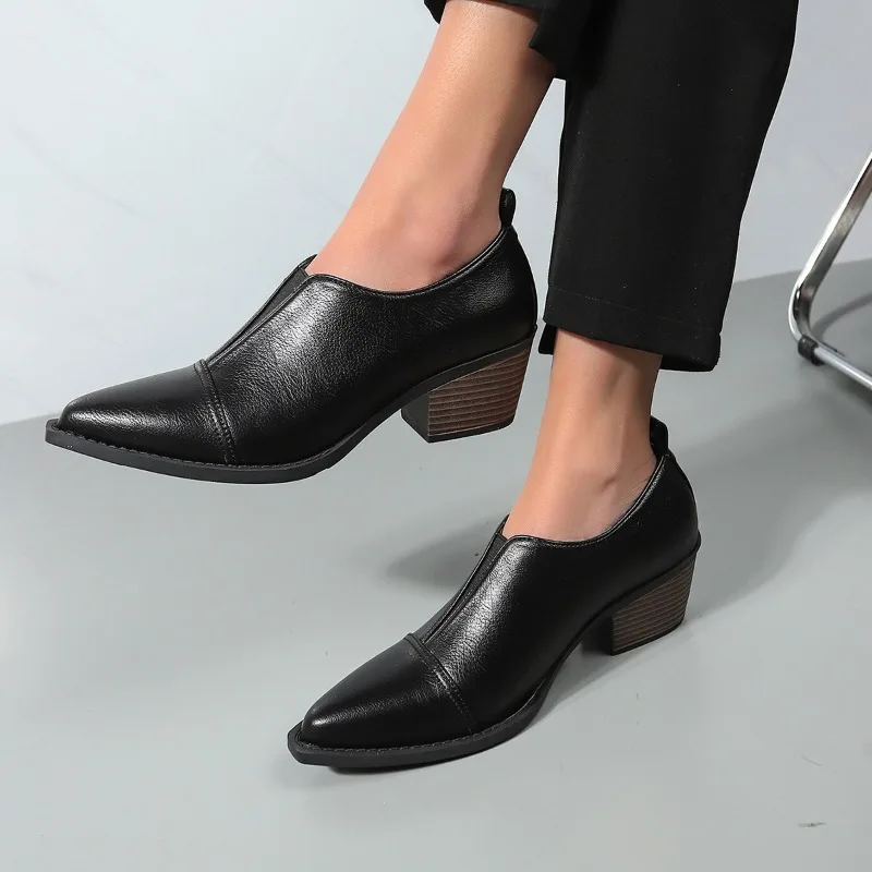 

Autumn New Women's Shoes Pointed Thick Middle Heel Retro Pumps Black Fashion Large Size Work Dress Loafers Chunky Heels Women