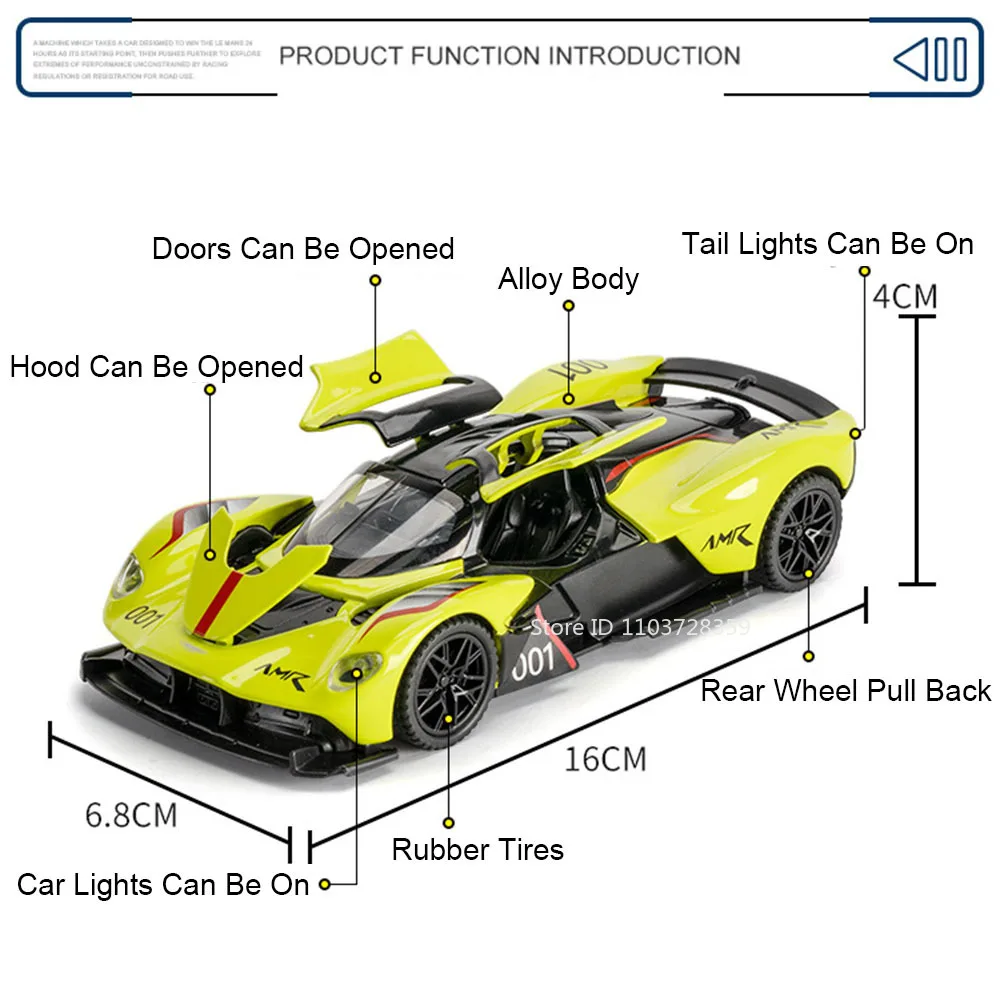Coche de juguete Valkyrie 1:32, coches deportivos en miniatura, supercoche fundido a presión de aleación, sonido ligero, puertas extraíbles, modelos de vehículos abiertos, regalos para niños