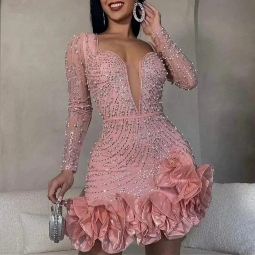 2024 Sukienka klubowa z długim rękawem i dekoltem w szpic Seksowna sukienka z błyszczącymi diamentami Sukienka damska Urodziny Bodycon Mini sukienki Vestidos
