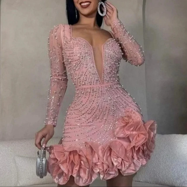 2024 Sukienka klubowa z długim rękawem i dekoltem w szpic Seksowna sukienka z błyszczącymi diamentami Sukienka damska Urodziny Bodycon Mini sukienki Vestidos