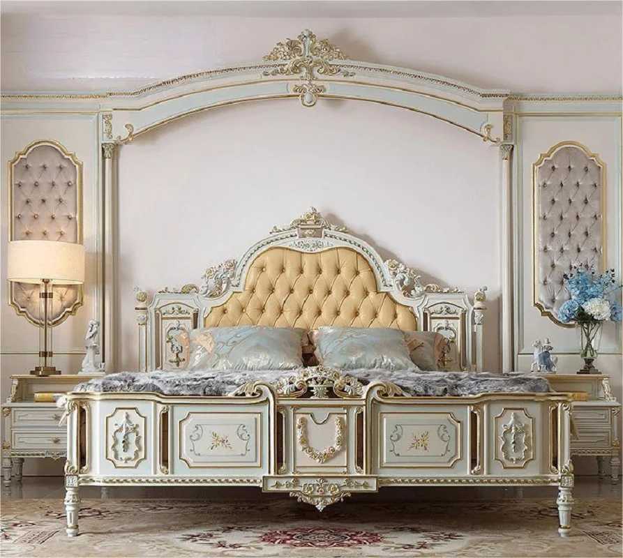 Palace French furniture solid wood carving Rococo crack paint 2-meter double king bed 1.8-meter wedding bed