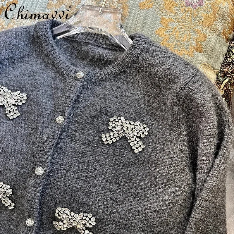 2024 Autumn New Heavy Industry Embroidery Nail Diamond Bow Sweater Coat Fashion Gray Short Loose Long Sleeve Knitted Cardigan