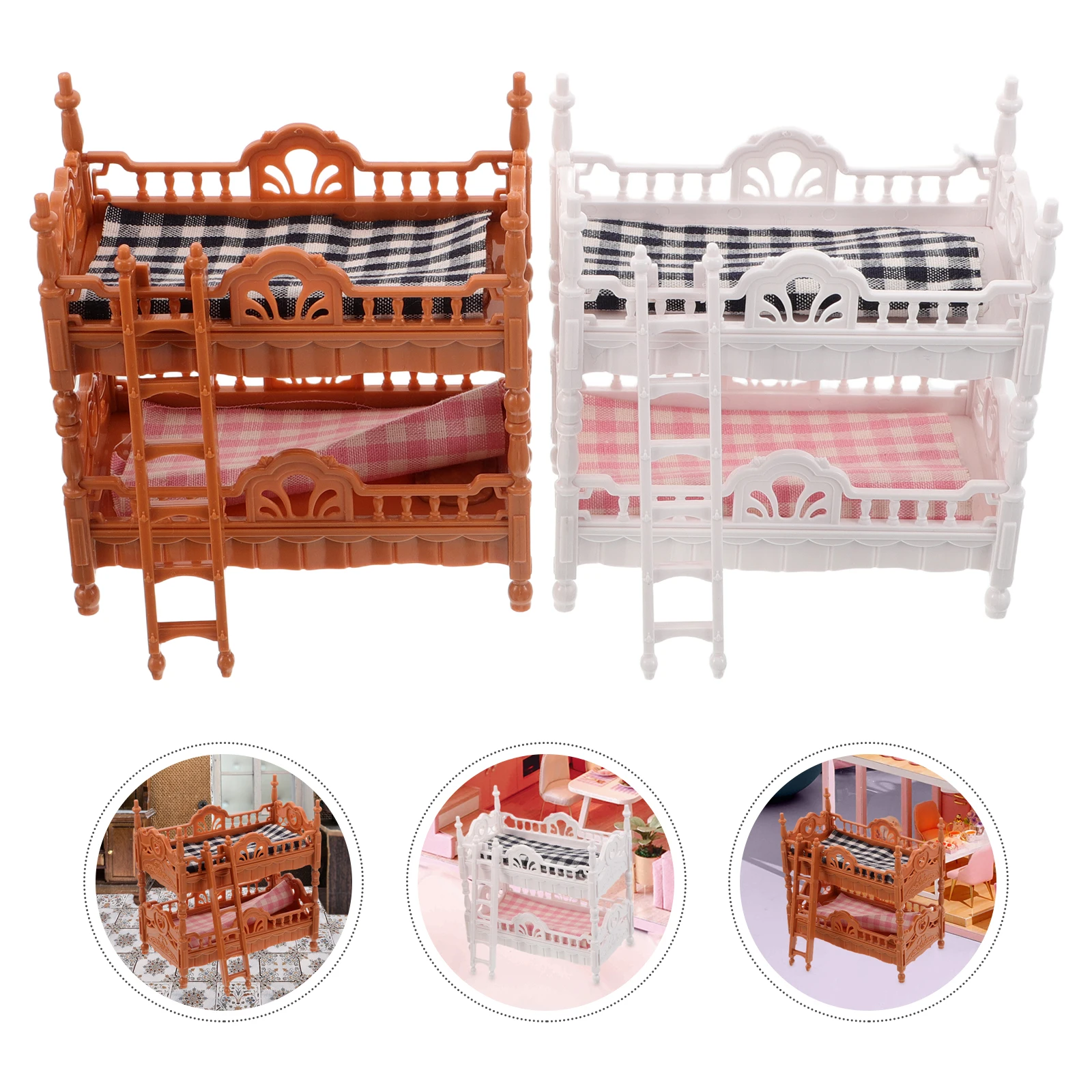 Litera superior e inferior para casa, mini muebles, cama doble en miniatura simulada, literas de plástico para casa de muñecas
