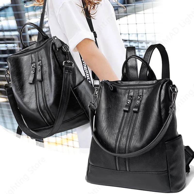 حقيبة ظهر جلدية ناعمة ذات سعة كبيرة للسفر حقيبة كمبيوتر محمول للعمل المدرسي محفظة كتف سوداء متعددة الوظائف