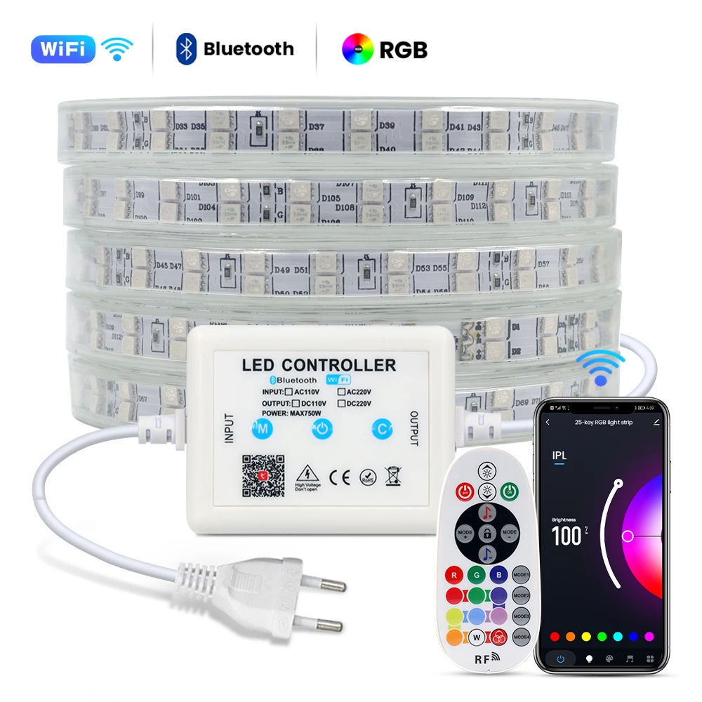 

220V RGB LED Strip Light Wifi Control SMD5050 LED Tape Diode 120Leds/m Flexible Rope Lamp Music Sync RGB LED Lights Waterproof