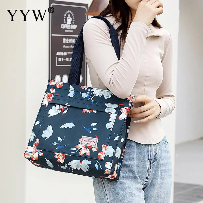 Casual Floral Shoulder Handbag Women Wear-Resistant Waterproof Large Capacity Shopping Nylon Bag Portable Mother Tote Bag Purse