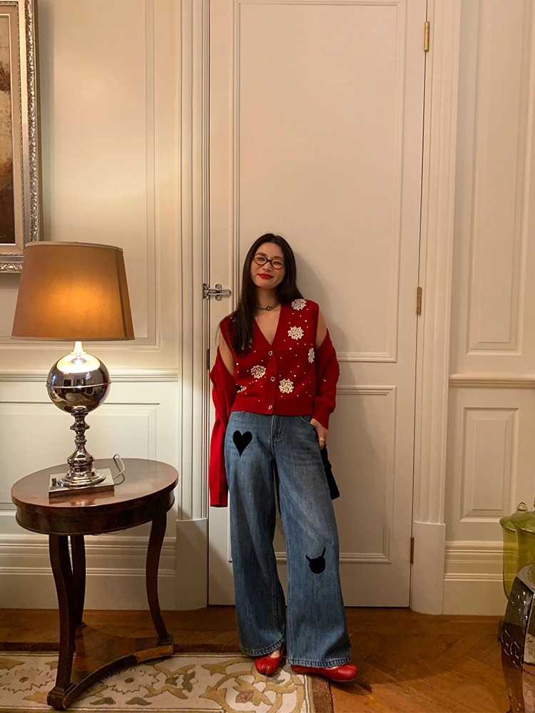 

Широкие джинсы с вышивкой на подкладке Fce, дизайн с высокой талией, зимнее новое поступление, повседневные длинные брюки с вышивкой