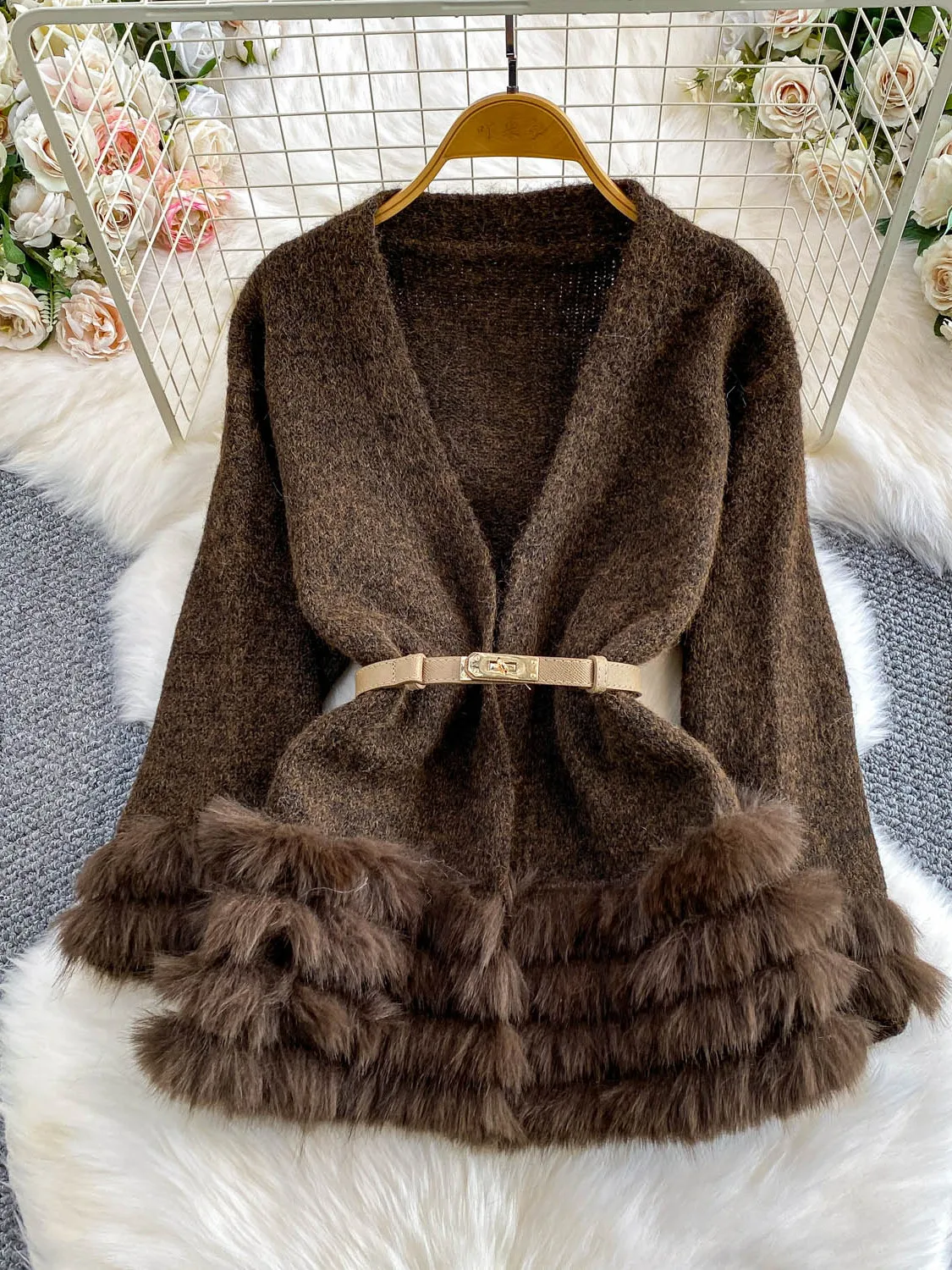 

Sli V-Ne свитер женский зимний меховой отделкой миди пальто с поясом на талии и галстуком дизайн длинный све цветок для поездок на работу Sle