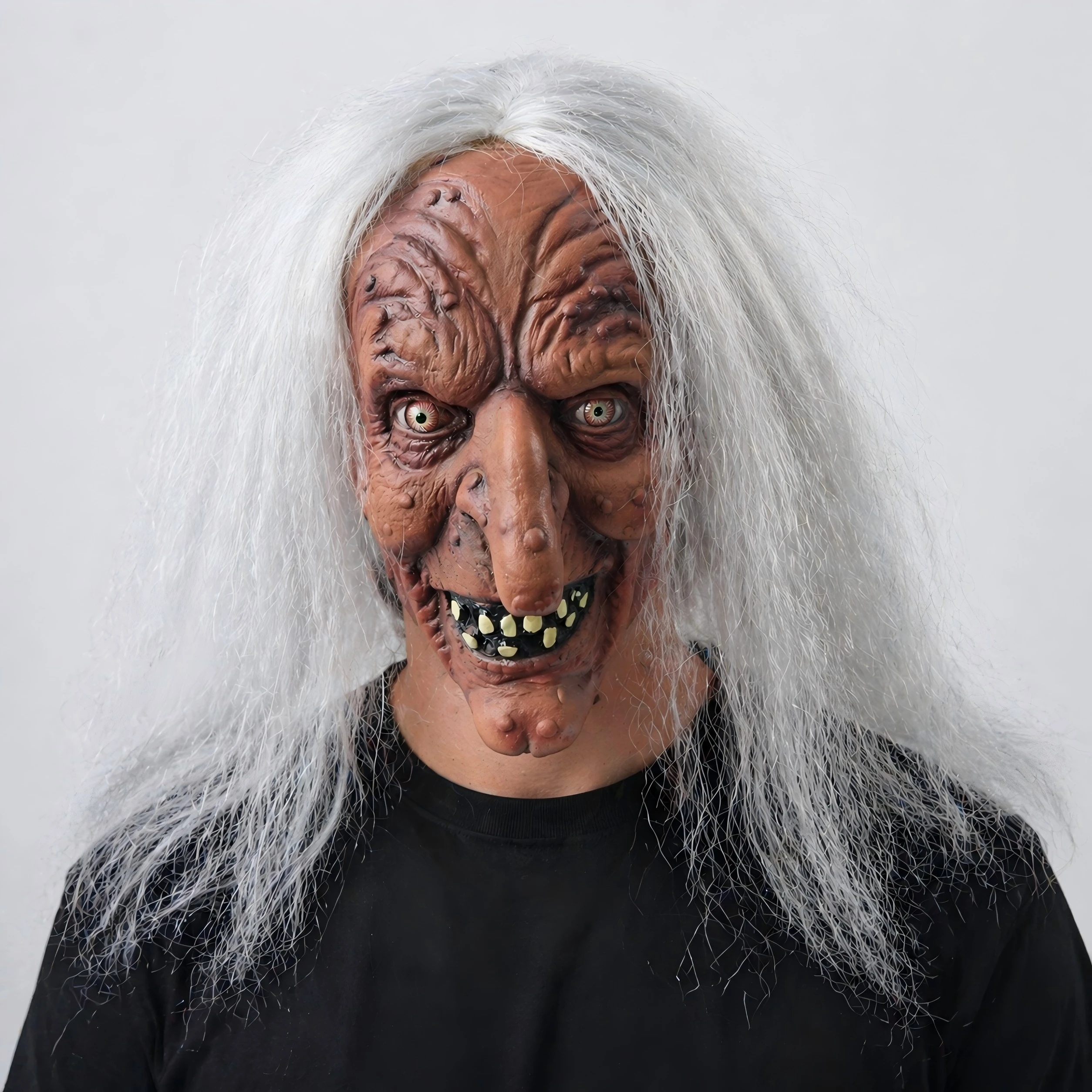 Realistische Latex-Alterfrauenmaske Gruselige Hexenmaske Unheimliche Oma Vollkopf-Gesichtsmaske mit Weißem Haar Horror Cosplay Halloween-Party-Kostüm – Detail 3