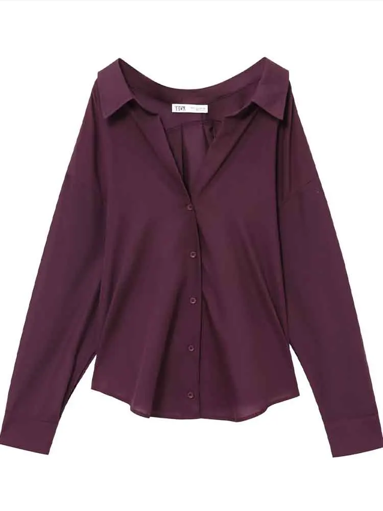 

European style new women's fashion versatile simple solid color poplin comfortable long-sleeved lapel shirt